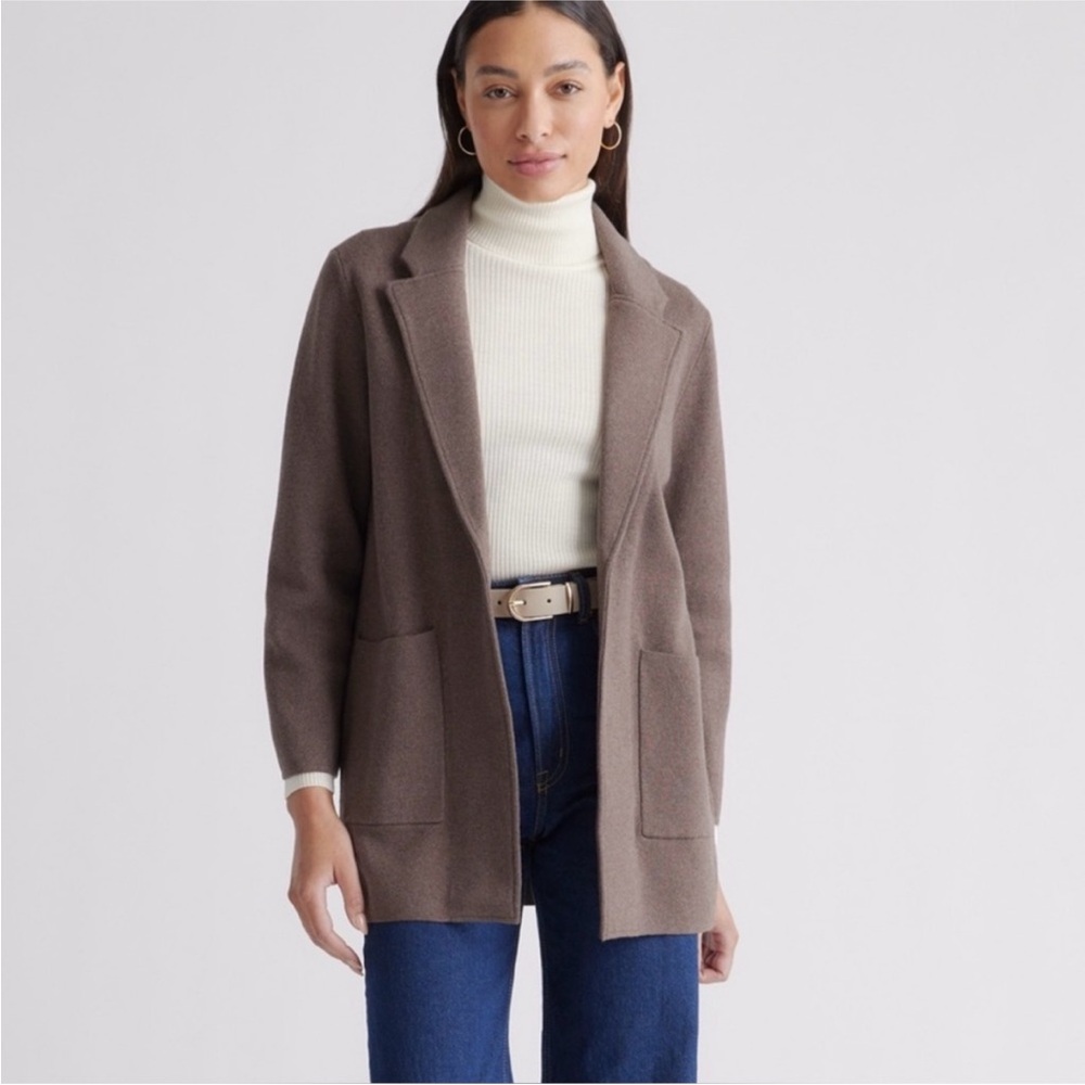 Quince 100% Organic Cotton Knit Blazer Sweater Jacket Heather Brown